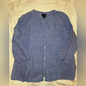Tahari Linen Shirt Plus 3X Tunic 100% Linen Blue Roll Tab Sleeve Beachy Button